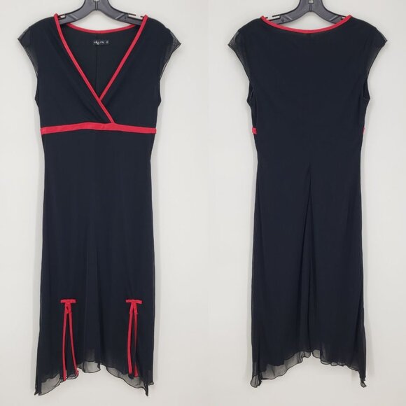 3/$25 Ruby Rox Vintage Y2K Midi Dress S Mesh Satin Trim Bow Detail Black Red - Picture 1 of 8